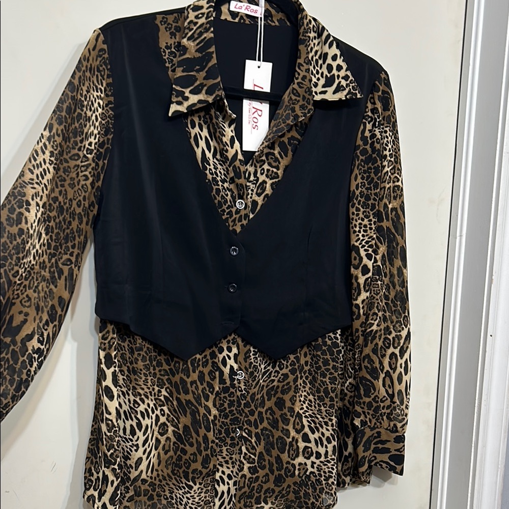 Leopard Print Blouse with Black Vest